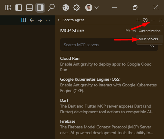 Ubicacion de Manage MCP Servers en Antigravity