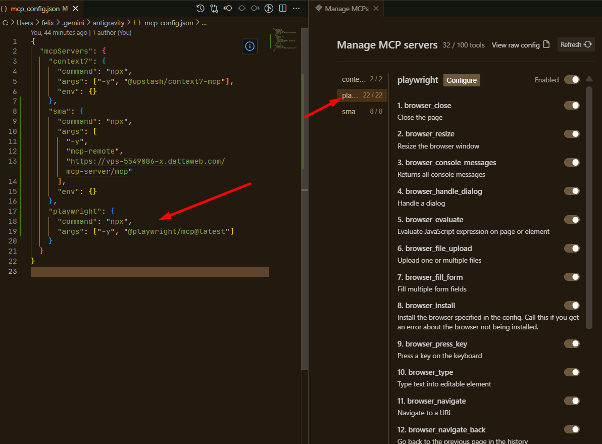 JSON configurado y herramientas detectadas